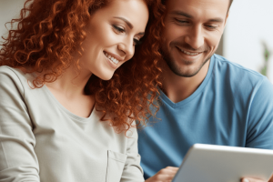 brown-haired man and red-haired woman using a tablet together - Generated with AI