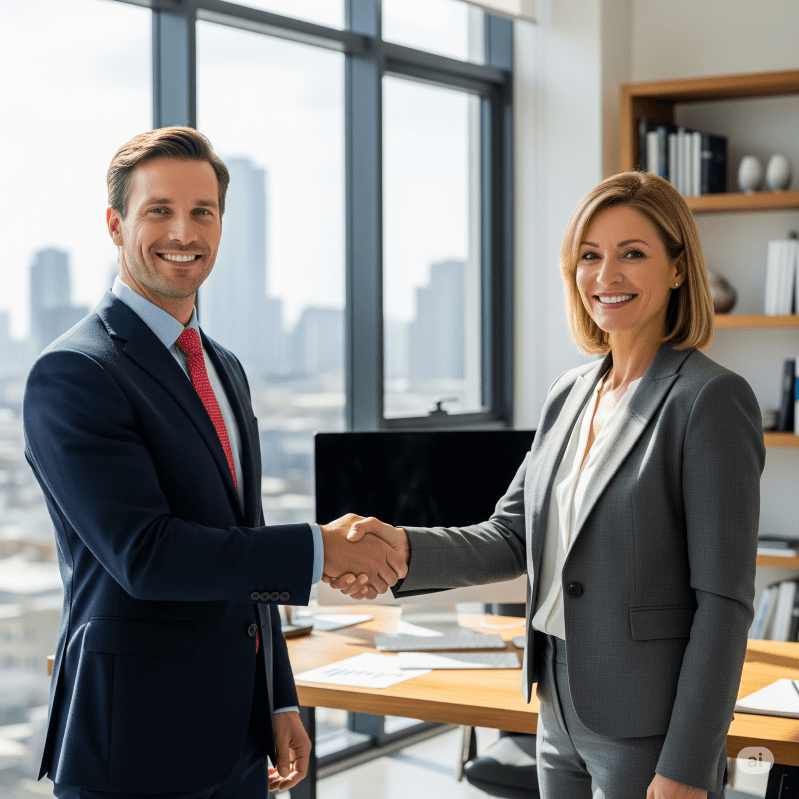 business man and woman shaking hands in an office - Generated with AI