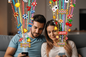 couple enjoying slots on their smartphone with virtual images flowing from their screens - Generated with AI