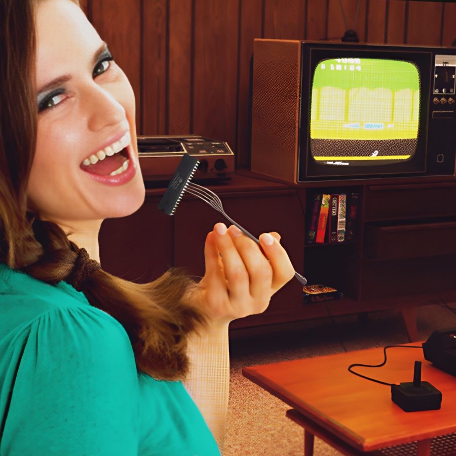 Atari Enjoy Every Single Bite ad upscaled with AI and cropped