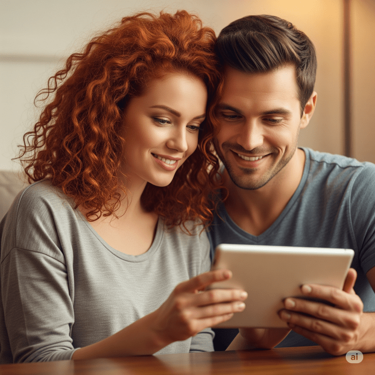 red-haired woman and brown-haired man using a tablet together - Generated with AI