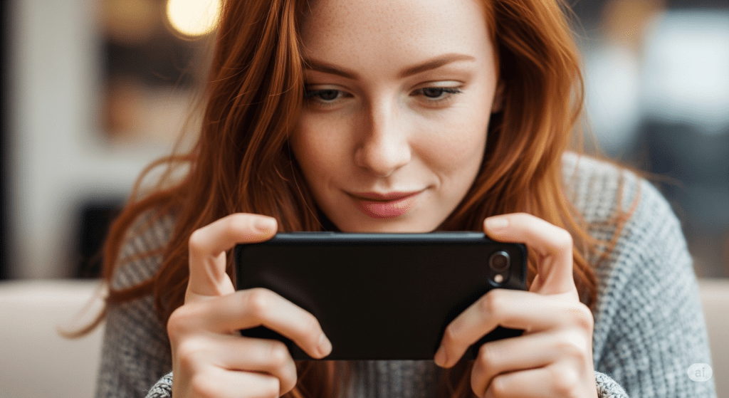 red-haired woman enjoying a game on her smartphone - Generated with AI
