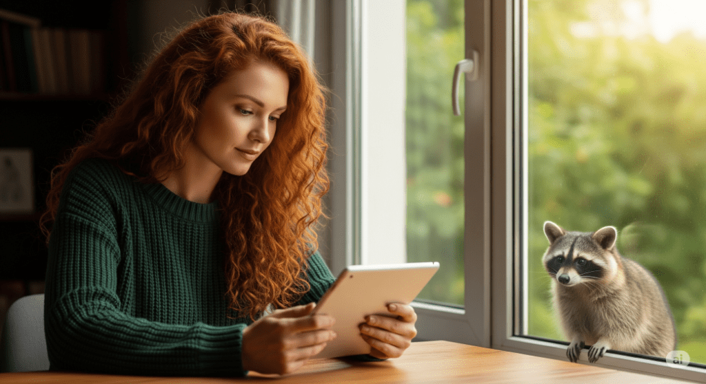 red haired woman playing on her tablet with a racoon outside her window - Generated with AI