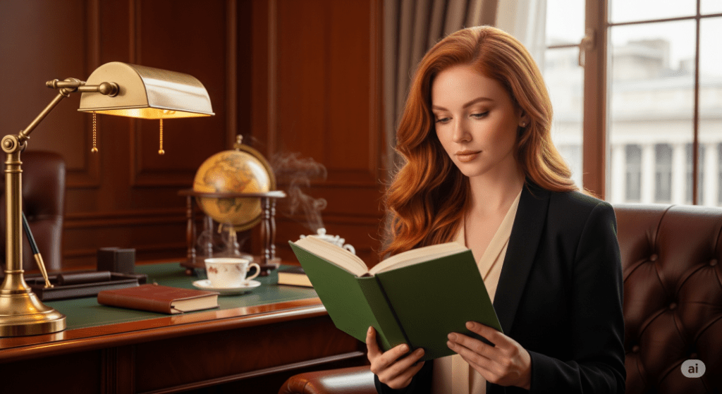 red-haired woman reading a book with a green cover in an office - Generated with AI