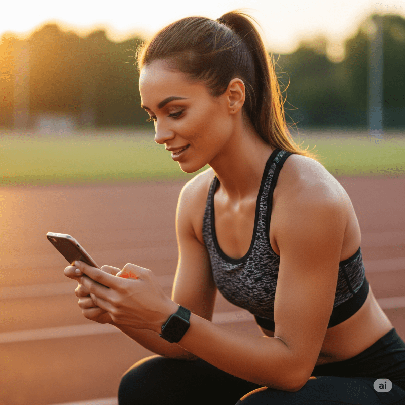 sporty woman enjoying her smartphone on a track - Generated with AI