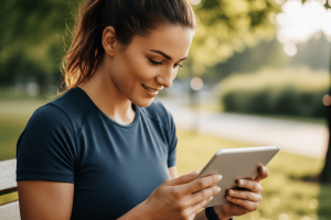 sporty woman enjoying her tablet on a park bench - Generated with AI