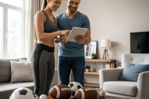 woman and man on tablet with sports items around them - Generated with AI