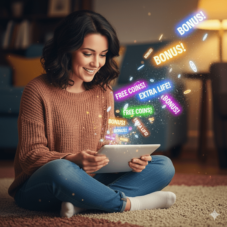 woman enjoying bonuses on her tablet - Generated with AI