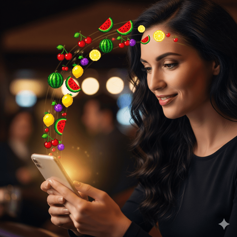 woman enjoying her smartphone with pixelated fruit flying out of it - Generated with AI