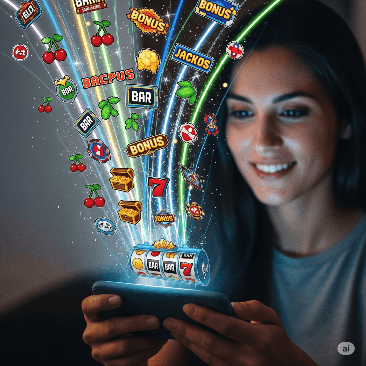 woman enjoying slots on her smartphone with virtual images flowing from the screen - Generated with AI