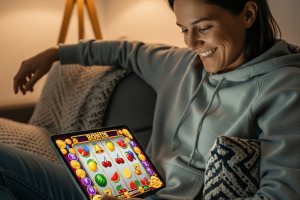 woman enjoying slots on her tablet while sitting on sofa - Generated with AI