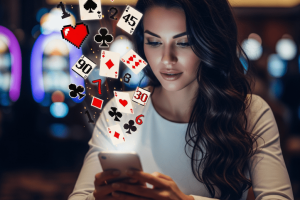 woman enjoying smartphone with poker icon pixels flying out - Generated with AI