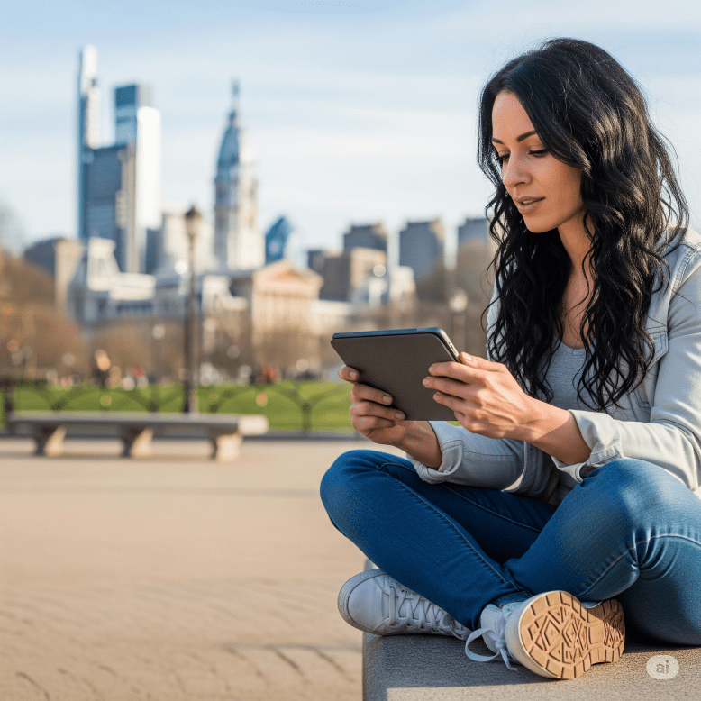 woman in Philadelphia playing on her tablet - Generated with AI