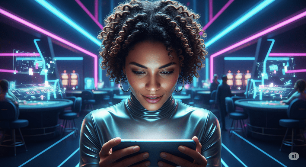 woman in a virtual casino enjoying a game on her smartphone - Generated with AI
