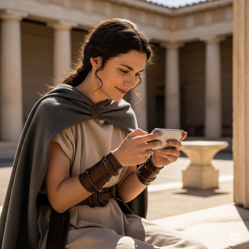 woman in ancient sparta enjoying a casino game on her smartphone - Generated with AI