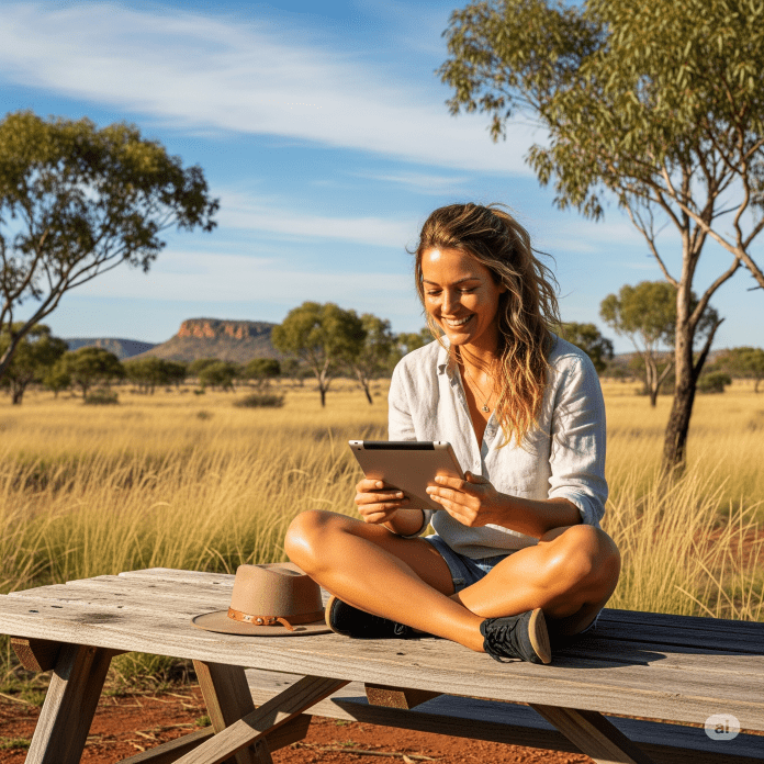 woman in australian outback playing on her tablet - Generated with AI