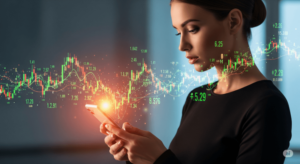 woman using her smartphone with virtual financial data - Generated with AI