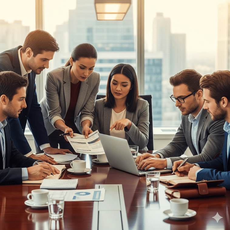 Business professionals collaborating on documents at a table, focused on enhancing their proposal strategies for decision-makers. - Generated with Ai