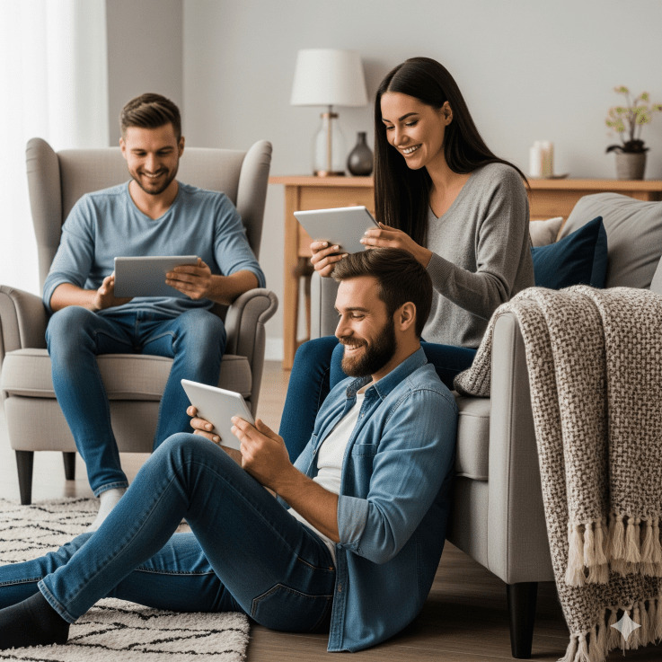 Two men and one woman enjoying their tablets in a family room - Generated with AI