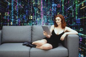 Elegant woman lounging on a sofa with her tablet with digital bits in the background - Generated with AI