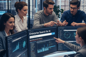 Team of professionals analyzing data on multiple monitors in a high-tech office, depicting the real-time decision-making power enabled by enterprise search for AI. - Generated with AI