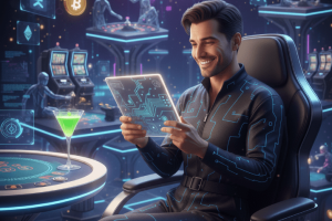 Man in a virtual crypto casino on his tablet. Generated with AI.