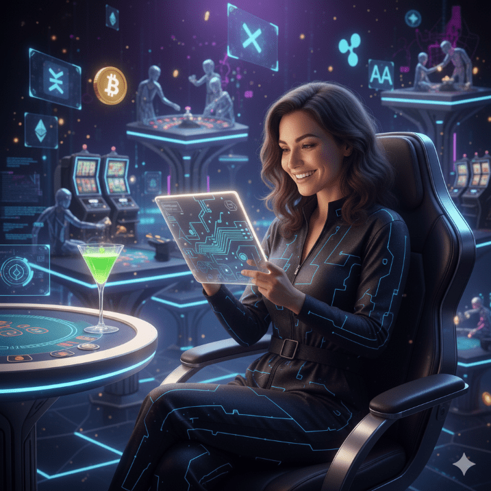 Woman in a virtual crypto casino on her tablet.