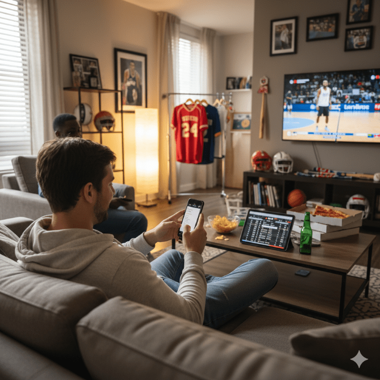 man sports betting in an apartment - Generated with AI