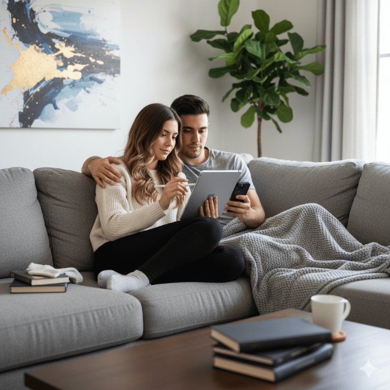 Affectionate couple enjoying their devices together on a sofa. Generated with AI.