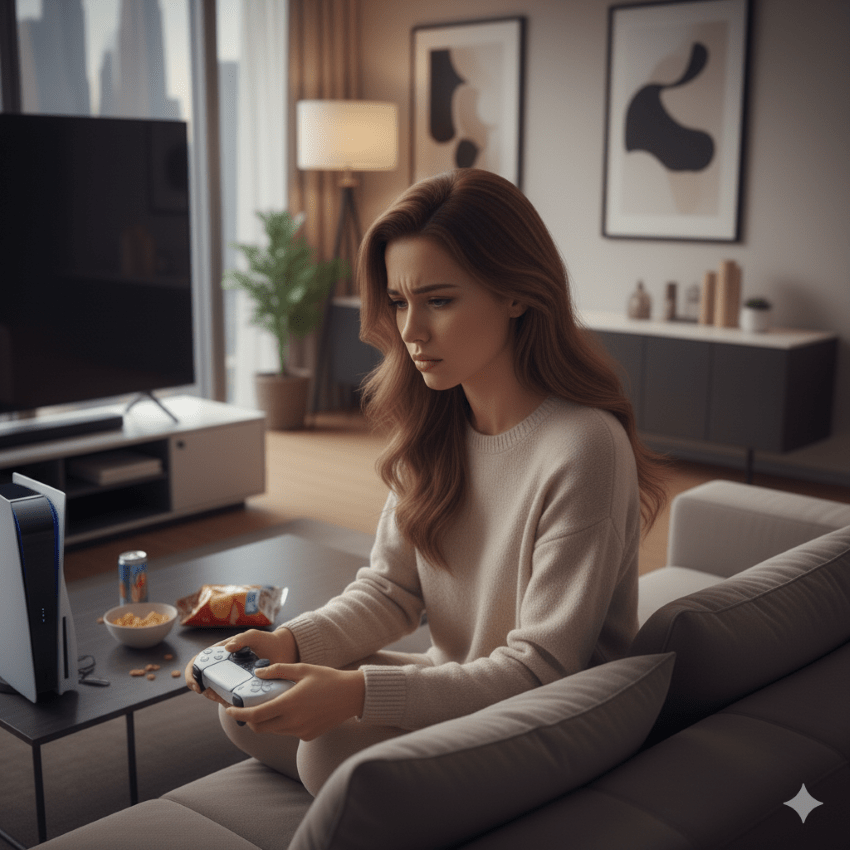woman holding a PS5 controller who's sad - generated with AI