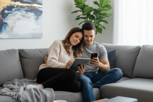 Affectionate couple enjoying their devices together on a sofa. Generated with AI.