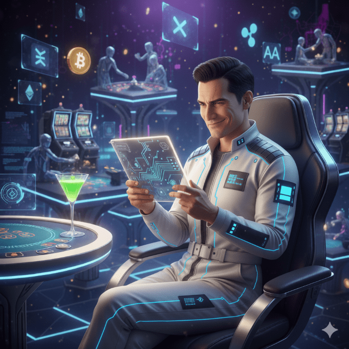 Man in a virtual crypto casino on his tablet. Generated with AI.