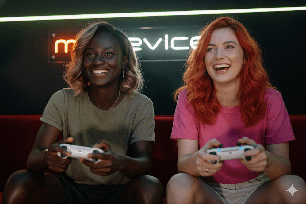 Two women enjoying video games - Generated with AI