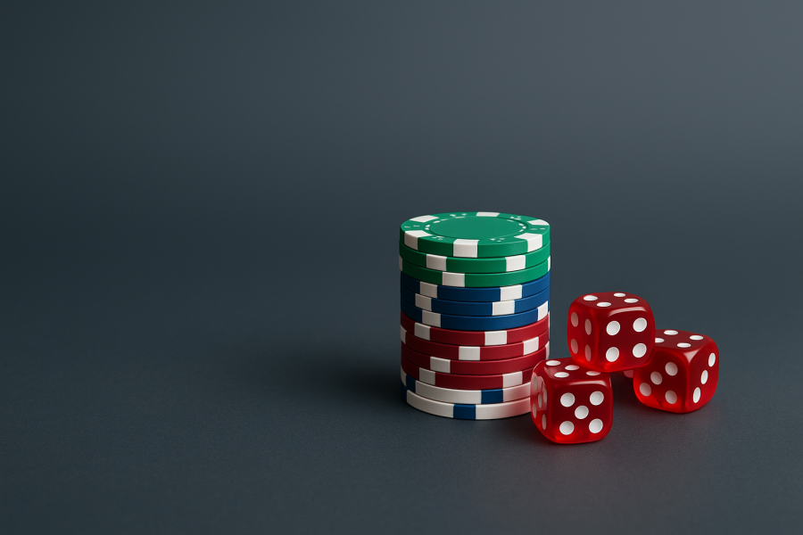 Poker chips and dice isolated on a blank background.
