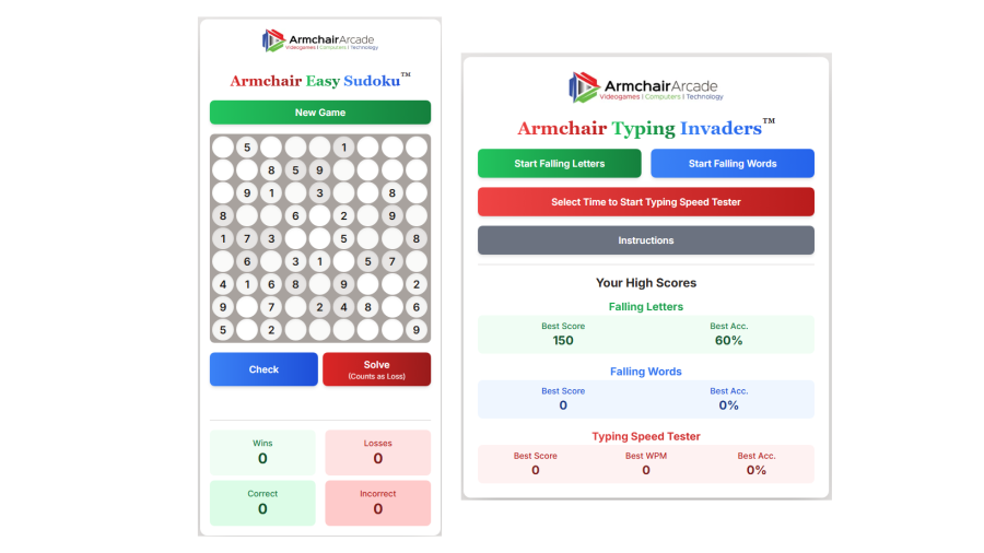 Armchair Easy Sudoku and Armchair Typing Invaders