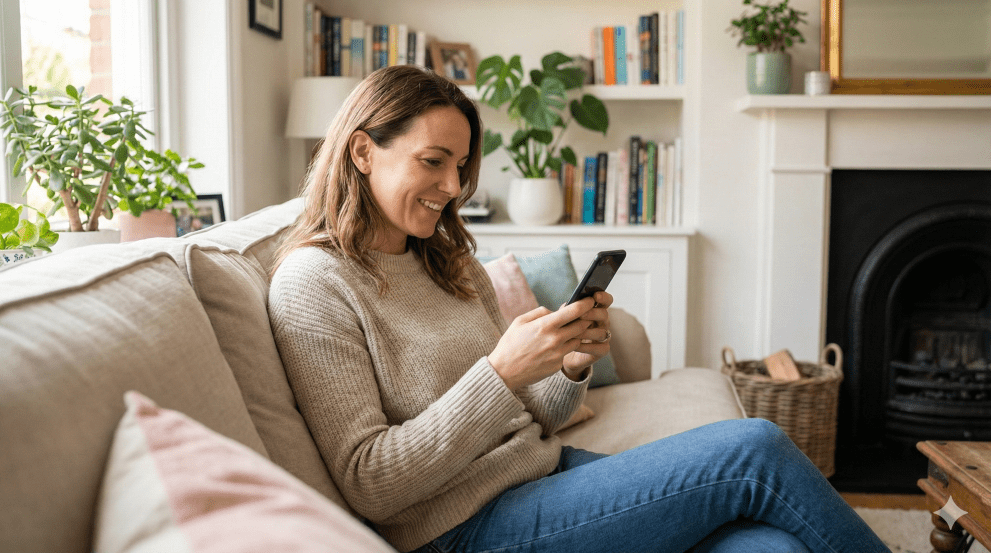 Blonde woman sitting on a sofa enjoying a game on her smartphone.
