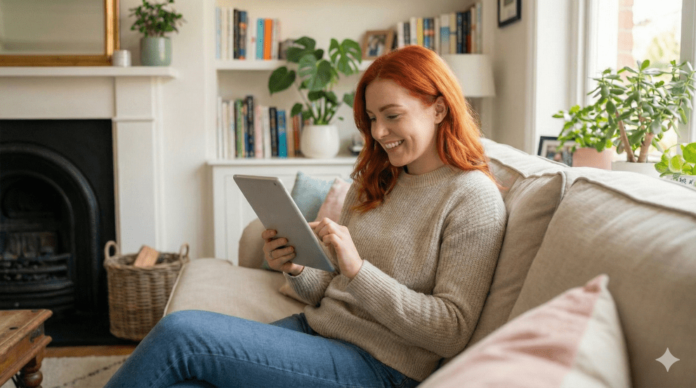 red-haired woman enjoying her tablet on a sofa in a family room