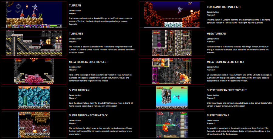 The Turrican Collection games list with descriptions and screenshots.