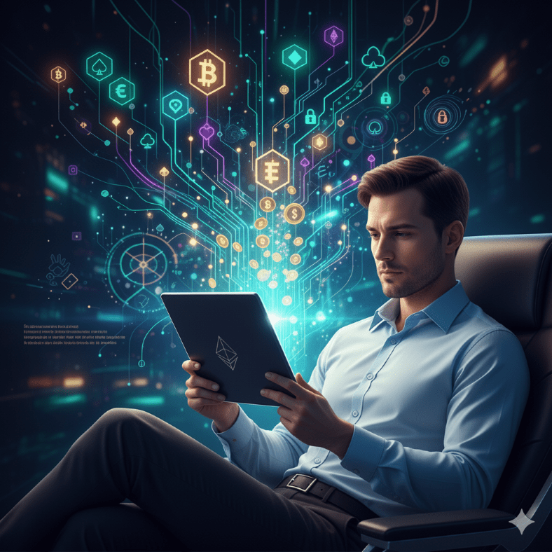 Man on tablet - generated with AI.