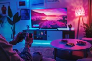 Person holding a controller in a blue and pink cast living room in front of a big screen TV.