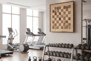wall-mounted wooden chess board in a modern home gym interior