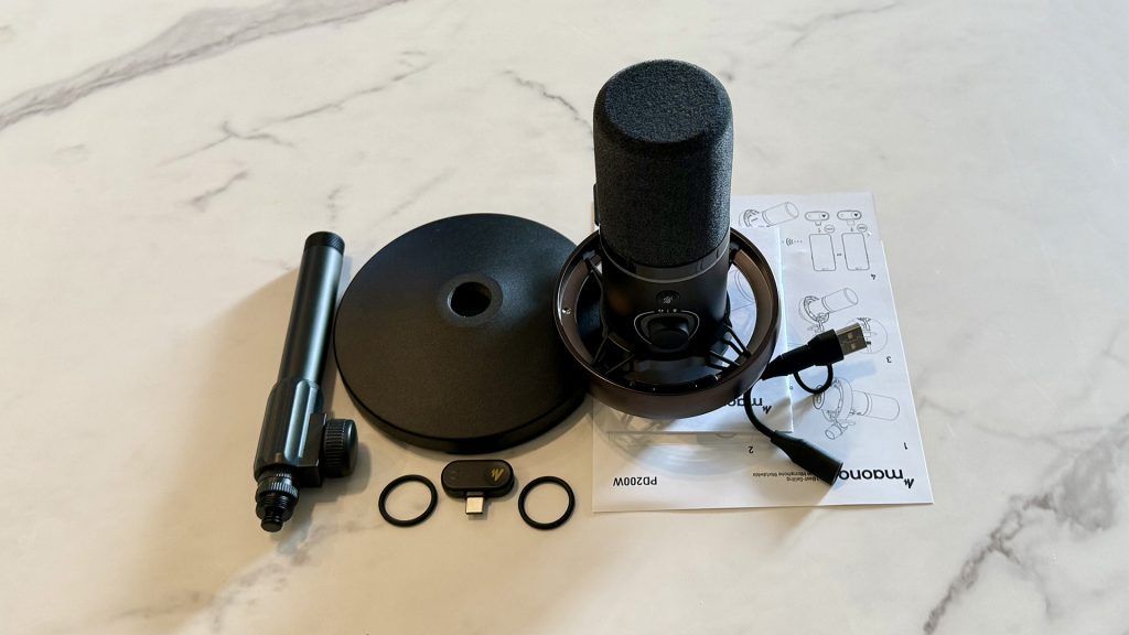 MAONO PD200W Hybrid Wireless Podcast Microphone package contents.