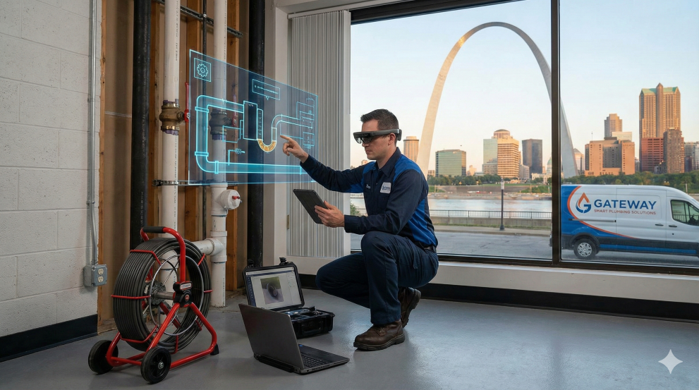 High tech plumber working with The Gateway Arch in the background