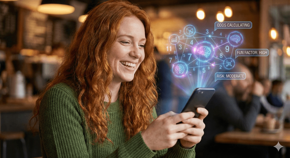 Woman enjoying gambling on smartphone as virtual analysis is shown.