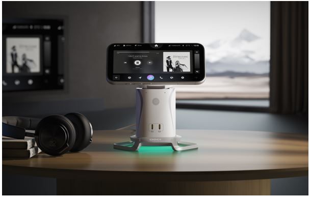 PISEN iDock Qi2.2 AI Robot Charging Station playing music.