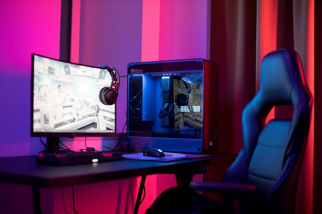 a gaming computer setup with a chair
