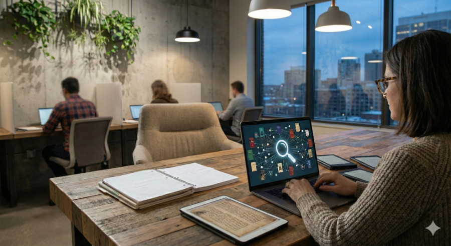 woman in an academic setting with other individuals doing research