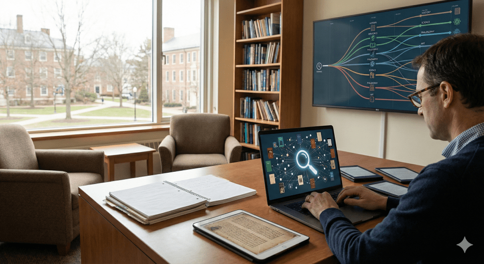 man researching online in an academic setting