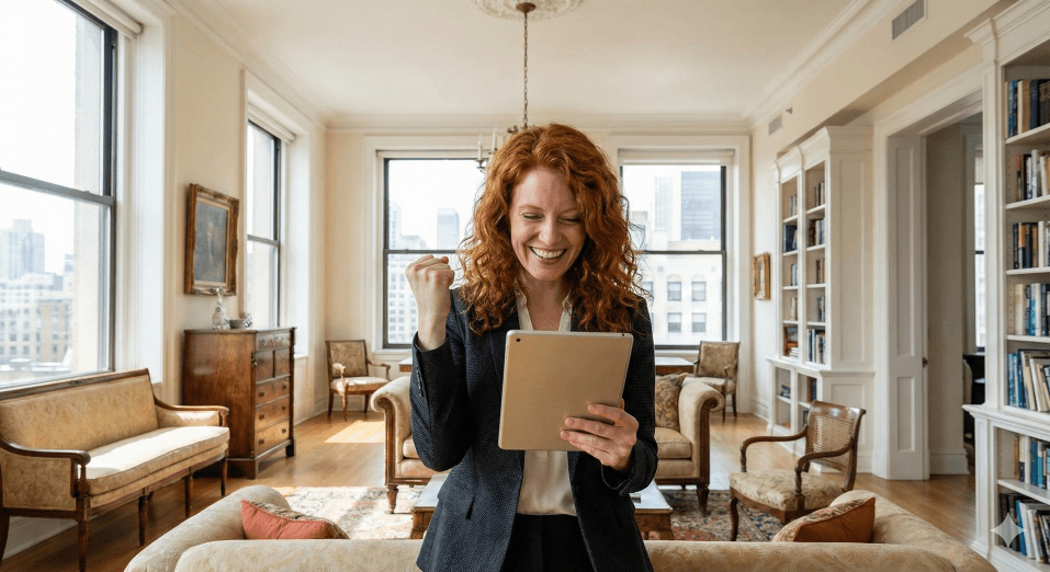 red-haired woman in professional clothing looking at her tablet and declaring victory