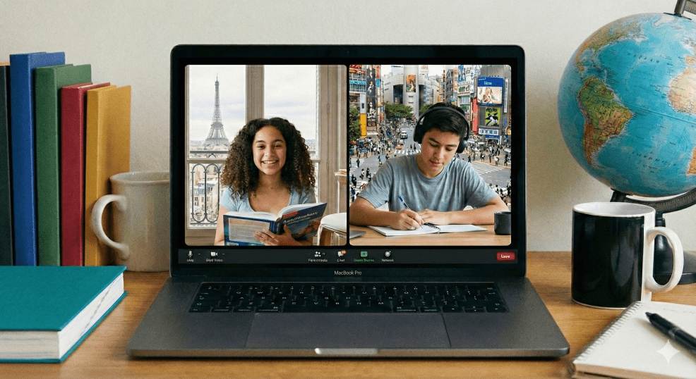 teen girl and boy on an international video conference
